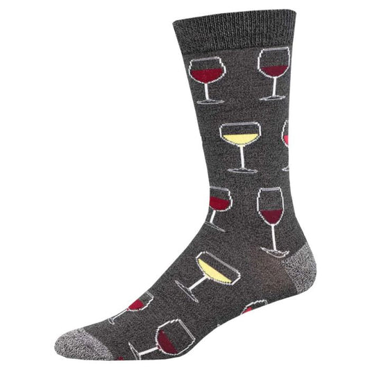Sip sip hooray sock charcoal grey crew sock with wine glass print on white background
