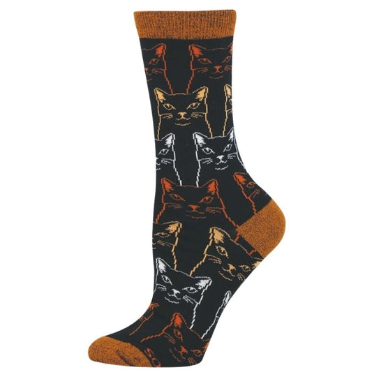 black crew sock with orange, white and brown sketches of cats print on white background 