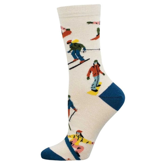 ivory white crew sock skiers and snowboarders print on white background 