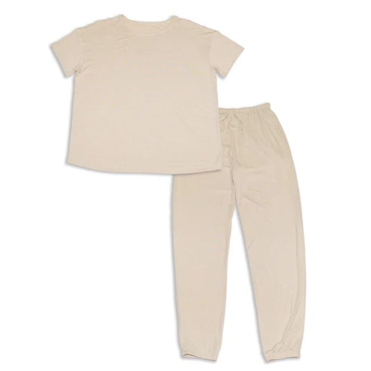 sophie almond milk white short sleeve tee and banded ankle pant two piece pajama set back view on white background