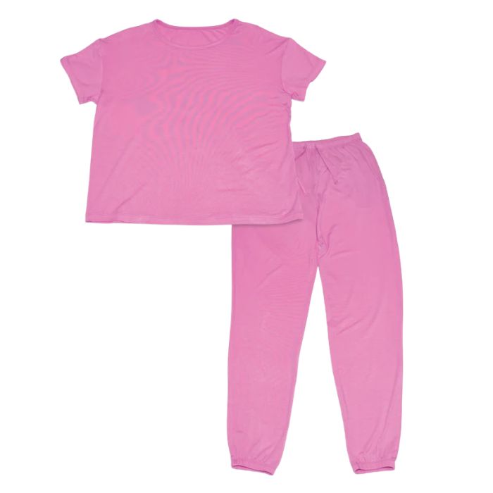 sophie crocus pink short sleeve tee and banded ankle pant two piece pajama set front view on white background