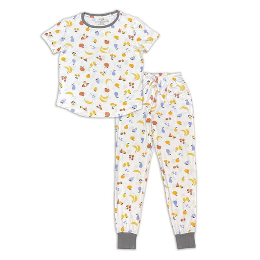 sophie fruit salad print short sleeve tee and banded ankle pant two piece pajama set front view on white background