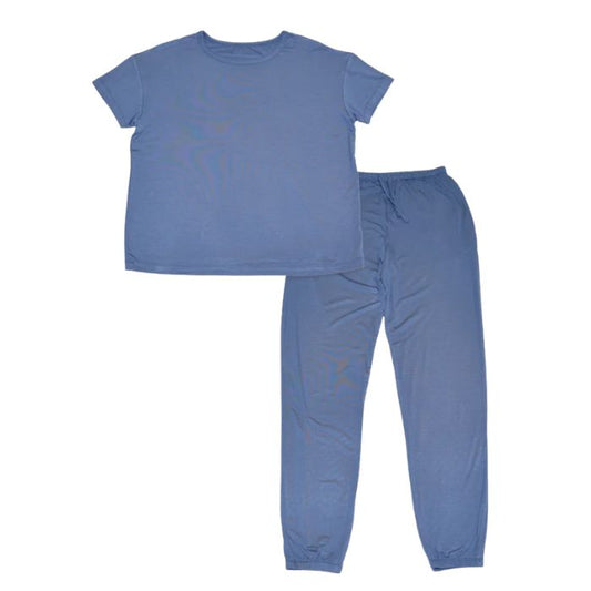 sophie galactic blue short sleeve tee and banded ankle pant two piece pajama set front view on white background
