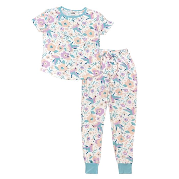 sophie hummingbird garden print short sleeve tee and banded ankle pant two piece pajama set front view on white background