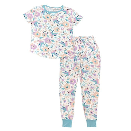sophie hummingbird garden print short sleeve tee and banded ankle pant two piece pajama set front view on white background