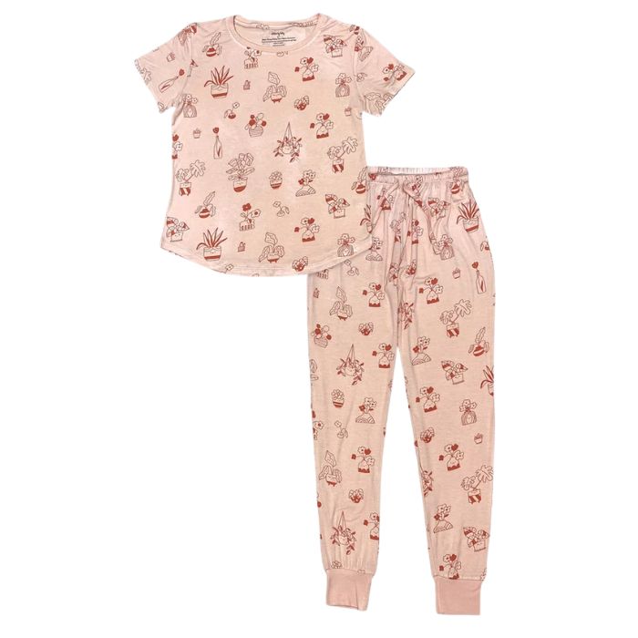 sophie plantastic print short sleeve tee and banded ankle pant two piece pajama set front view on white background