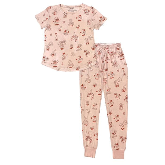 sophie plantastic print short sleeve tee and banded ankle pant two piece pajama set front view on white background