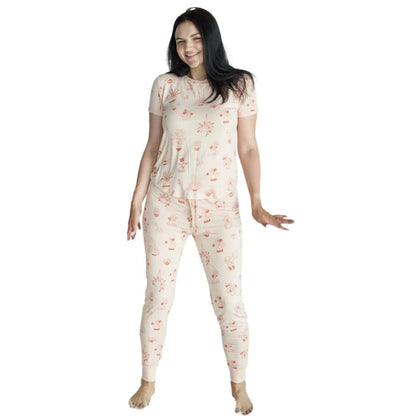 female model wearing sophie plantastic print short sleeve tee and banded ankle pant two piece pajama set front view on white background