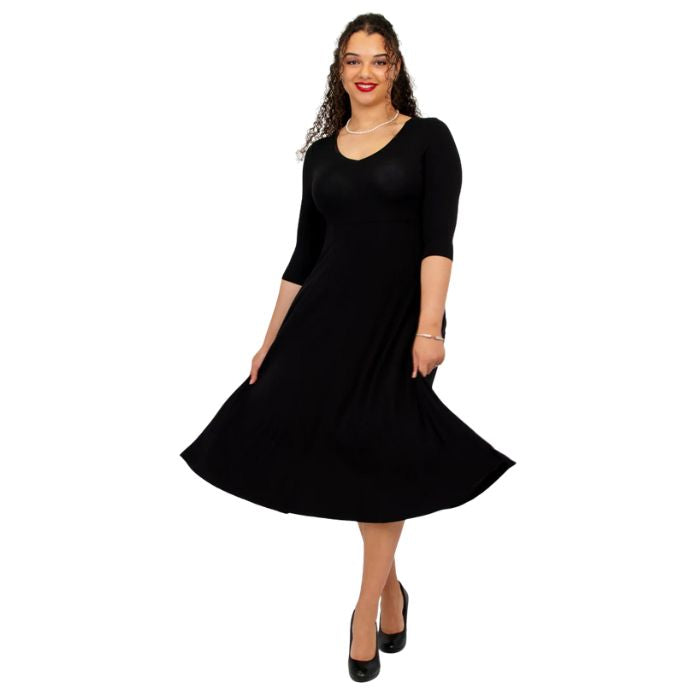 female model wearing black soul dress front view on white background