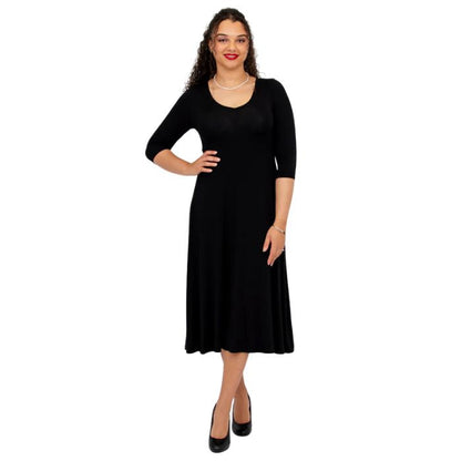 female model wearing black soul dress front view on white background