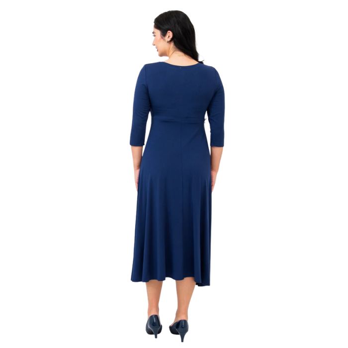 female model wearing indigo blue soul dress back view on white background