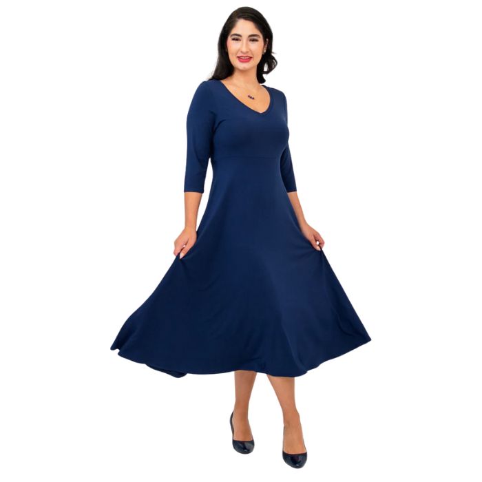 female model wearing indigo blue soul dress front view on white background