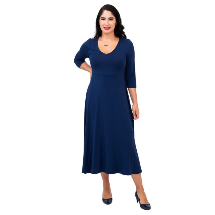 female model wearing indigo blue soul dress front view on white background