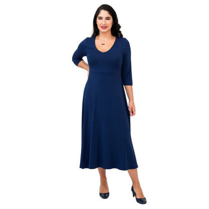 female model wearing indigo blue soul dress front view on white background