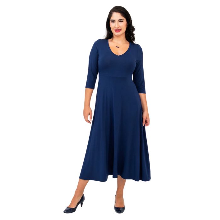 female model wearing indigo blue soul dress front view on white background