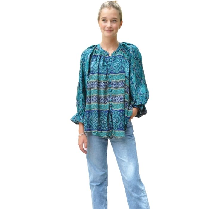 female model wearing splendor blouse mixed prints front view on white background