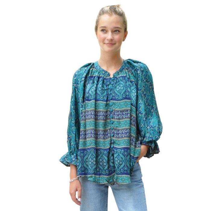 female model wearing splendor blouse mixed prints front view on white background