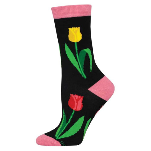 Spring tulip sock black crew sock with tulip flower print on white background