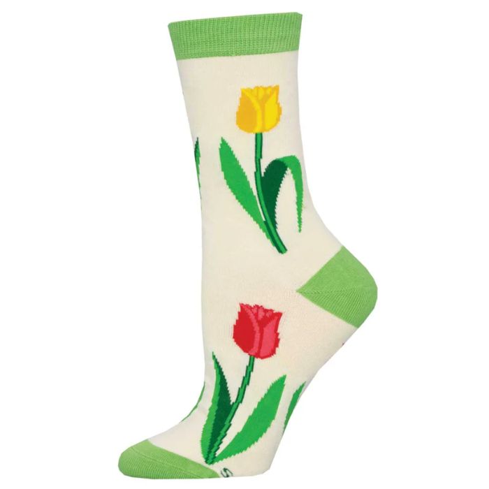 Spring tulip sock white crew sock with tulip flower print on white background