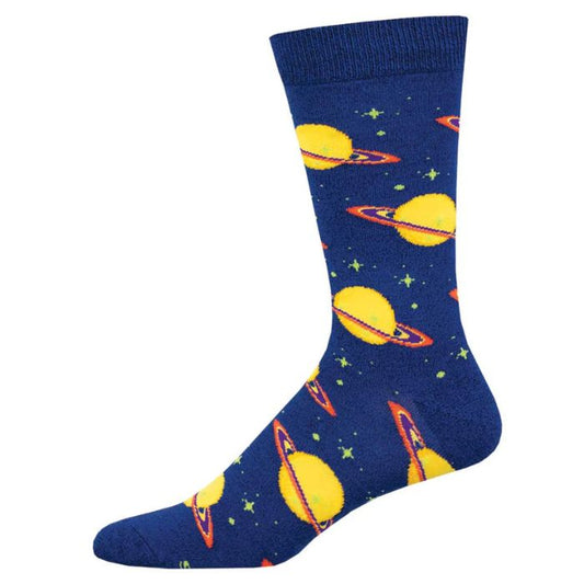 Star struck sock navy blue sock with the planet Saturn print on white background