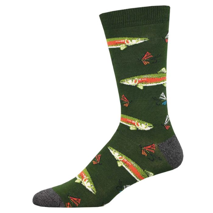 stout trout sock, green crew sock with trout fish print on white background