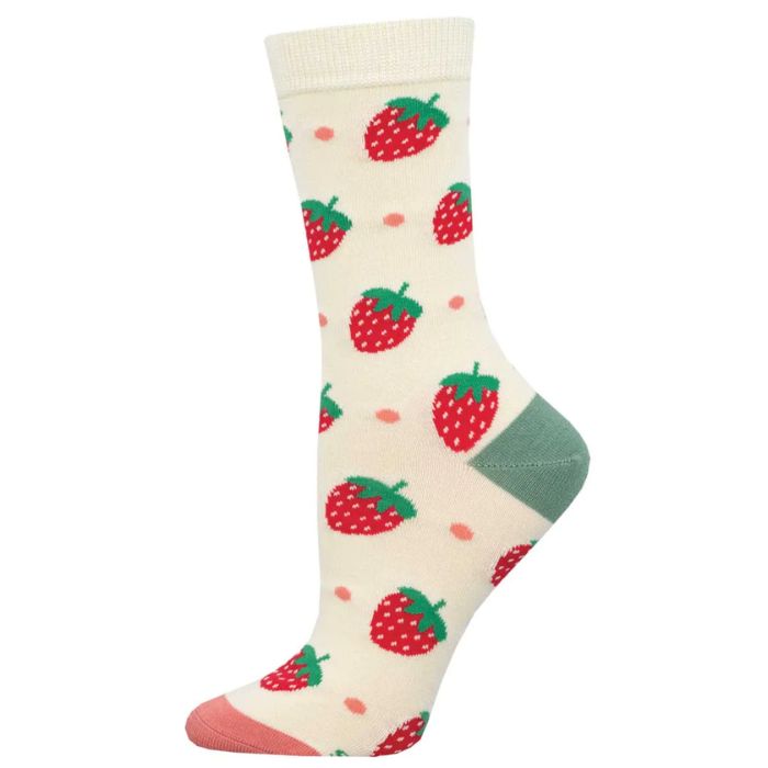 Strawberry delight sock ivory white sock with little strawberries print on white background