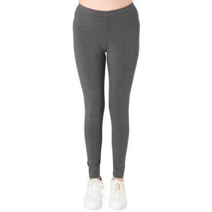 female model wearing charcoal grey suri full length leggings front view on white background 