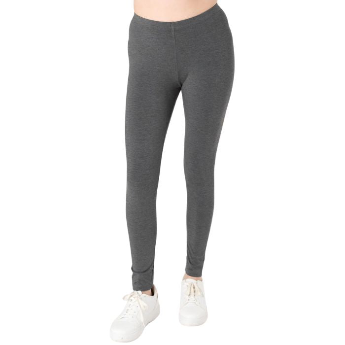 female model wearing charcoal grey suri full length leggings front view on white background 
