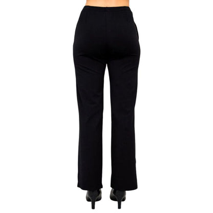 female model wearing black susan pants back view on white background