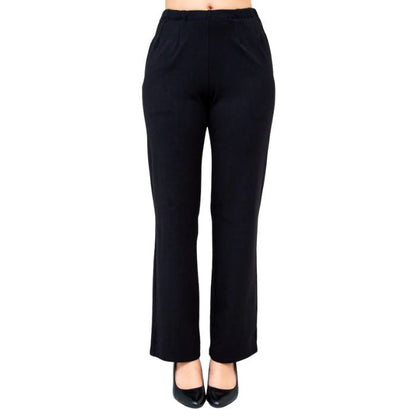 female model wearing black susan pants front view on white background