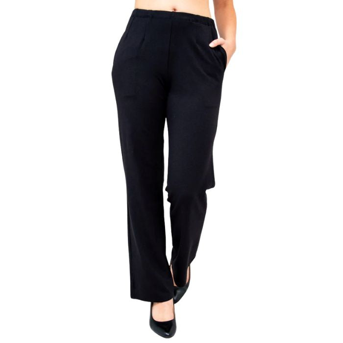 female model wearing black susan pants front view on white background