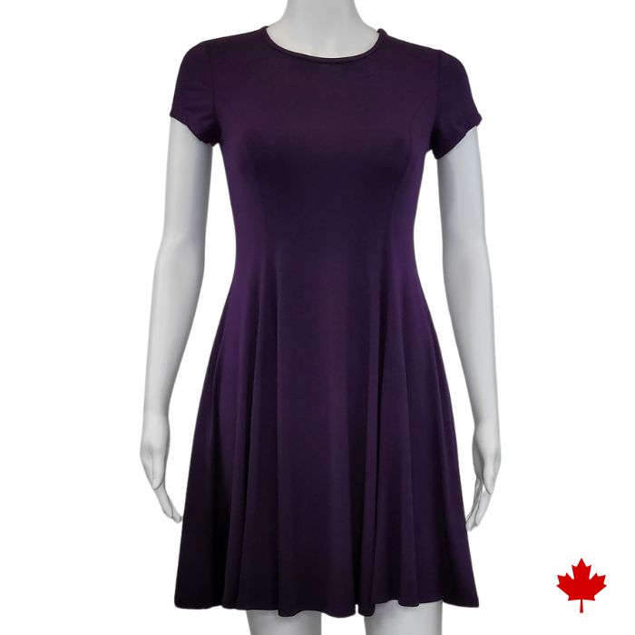 mannequin wearing plum purple swing dress front view on white background