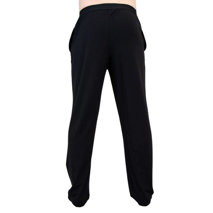 bottom of male model wearing black tanner pants back view on white background