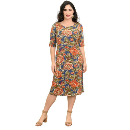 female model wearing khaki vintage print tee dress front view on white background