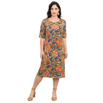 female model wearing khaki vintage print tee dress front view on white background