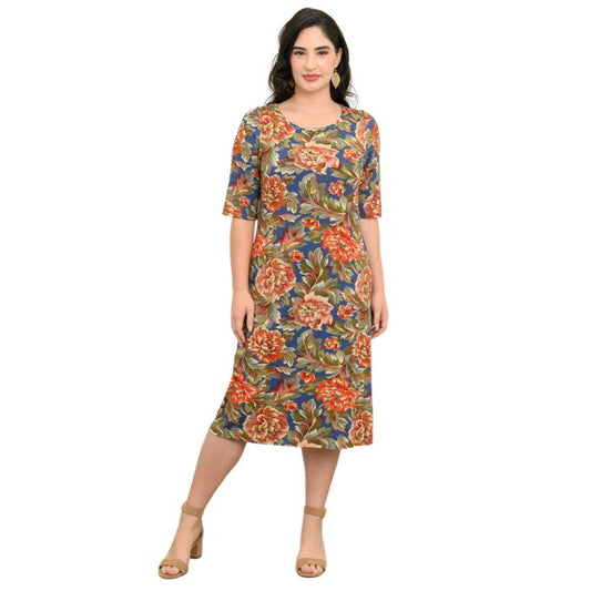 female model wearing khaki vintage print tee dress front view on white background