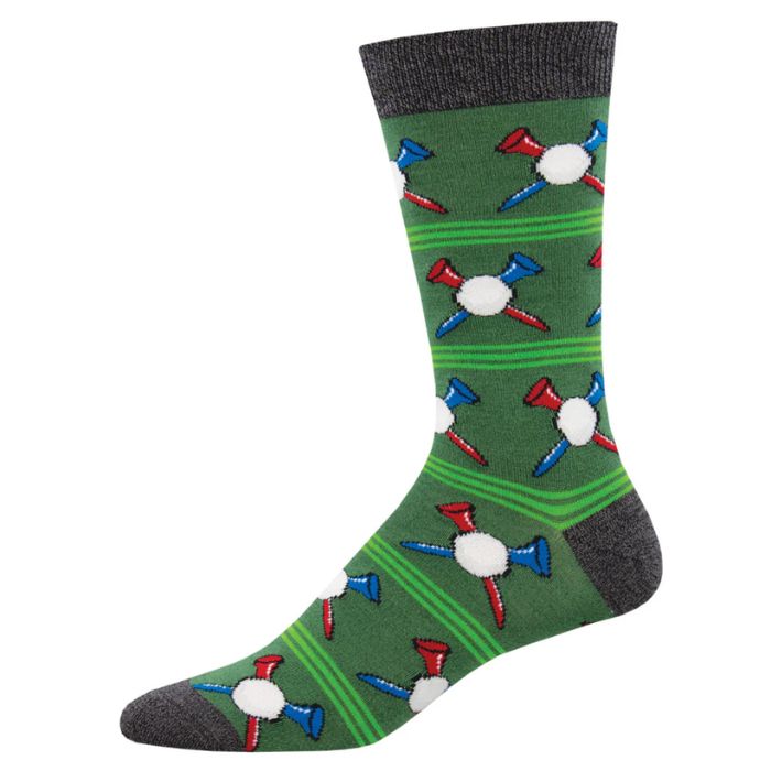 Tee off sock green crew sock with golf ball and tee print on white backgroun