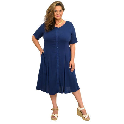 female model wearing indigo blue teresa dress front view on white background