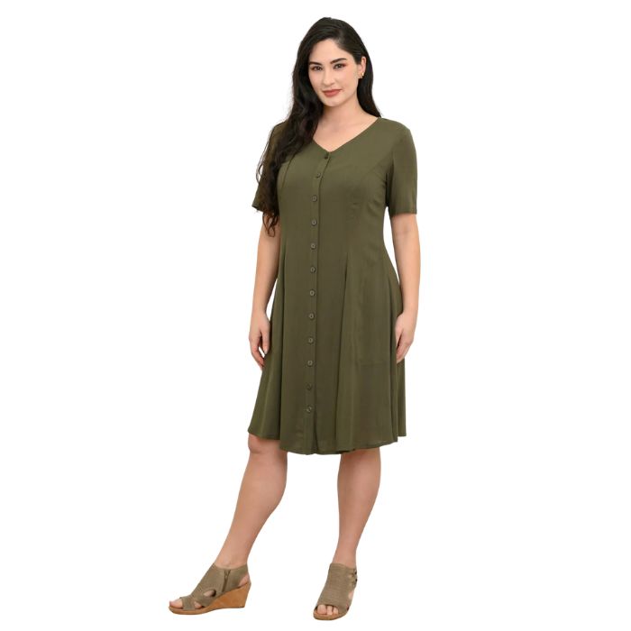 female model wearing khaki green teresa dress front view on white background