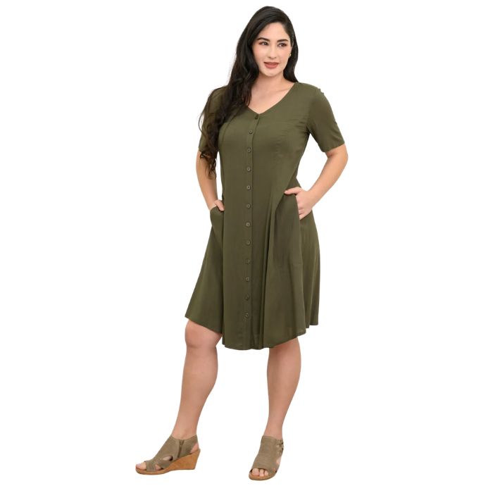 female model wearing khaki green teresa dress front view on white background