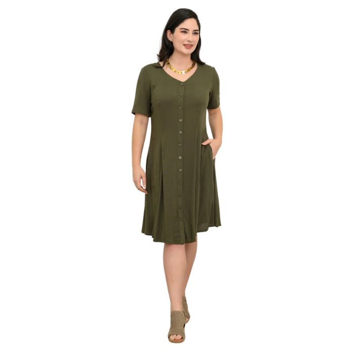 female model wearing khaki green teresa dress front view on white background