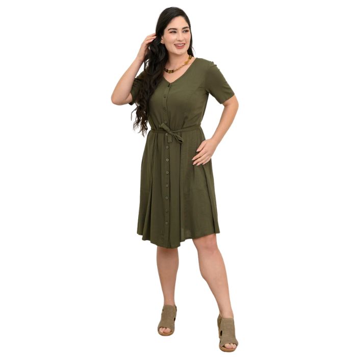 female model wearing khaki green teresa dress front view on white background