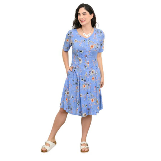 female model wearing peri daisy print teresa dress front view on white background
