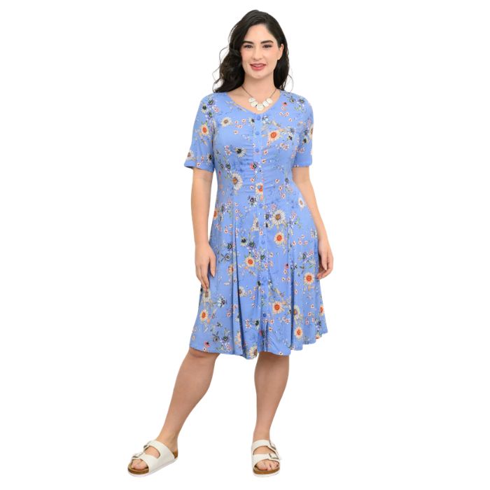 female model wearing peri daisy print teresa dress front view on white background