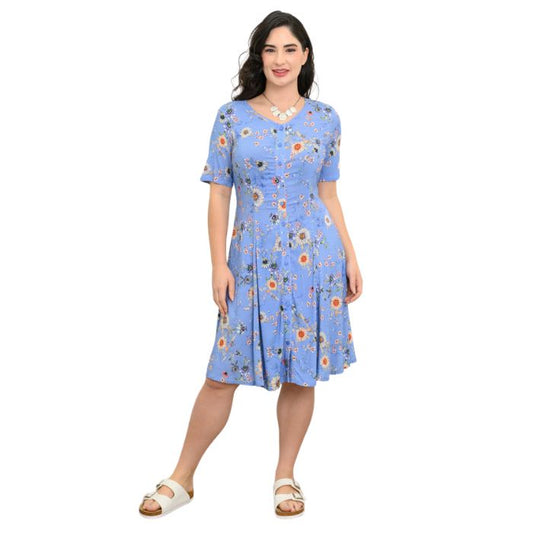 female model wearing peri daisy print teresa dress front view on white background
