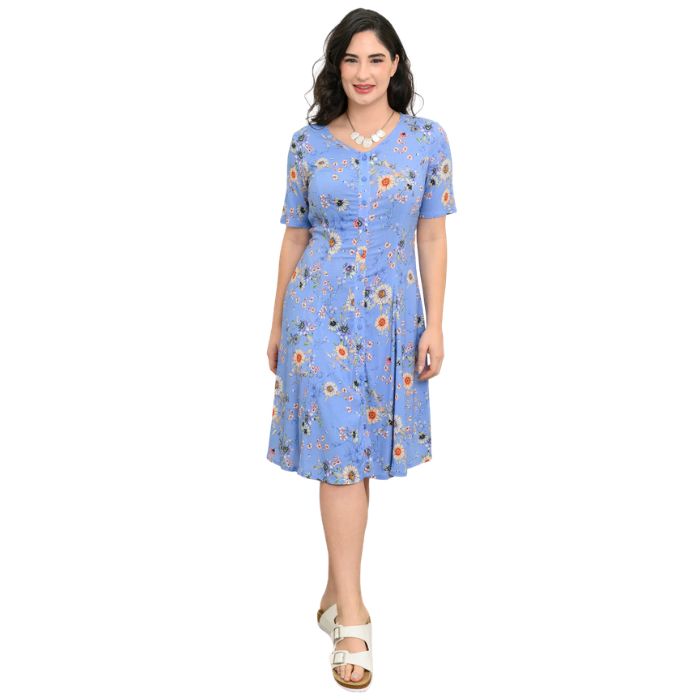 female model wearing peri daisy print teresa dress front view on white background