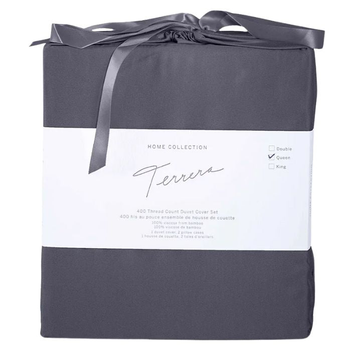 charcoal grey terrera duvet cover and two pillowcases in bamboo fabric bag on white background