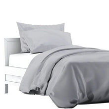 a bed made with grey terrera duvet cover and two pillowcases on white background