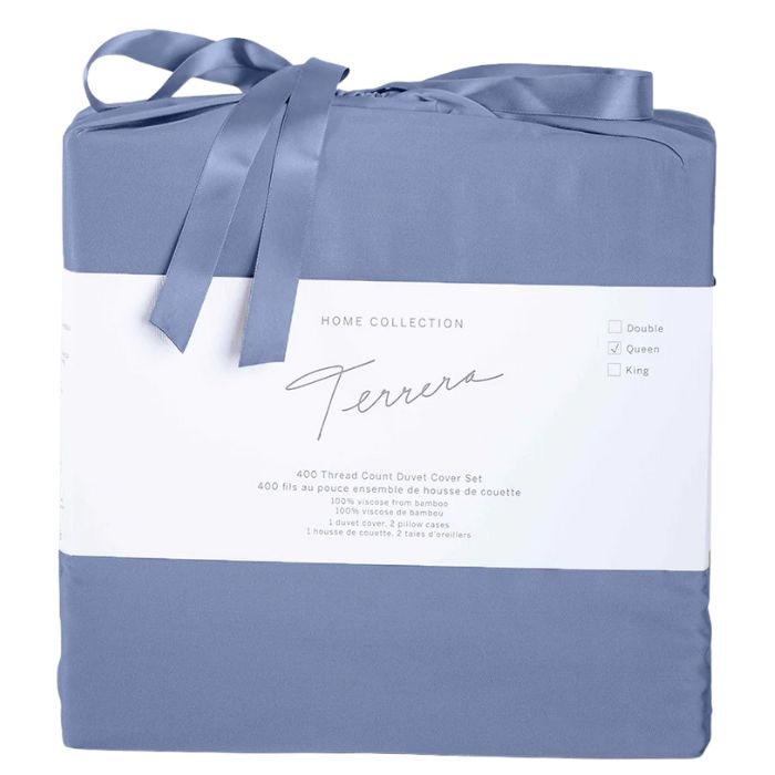 mineral blue terrera duvet cover and two pillowcases in bamboo fabric bag on white background