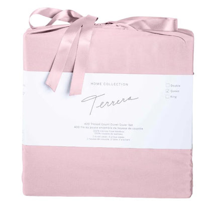pale rose pink terrera duvet cover and two pillowcases in bamboo fabric bag on white background